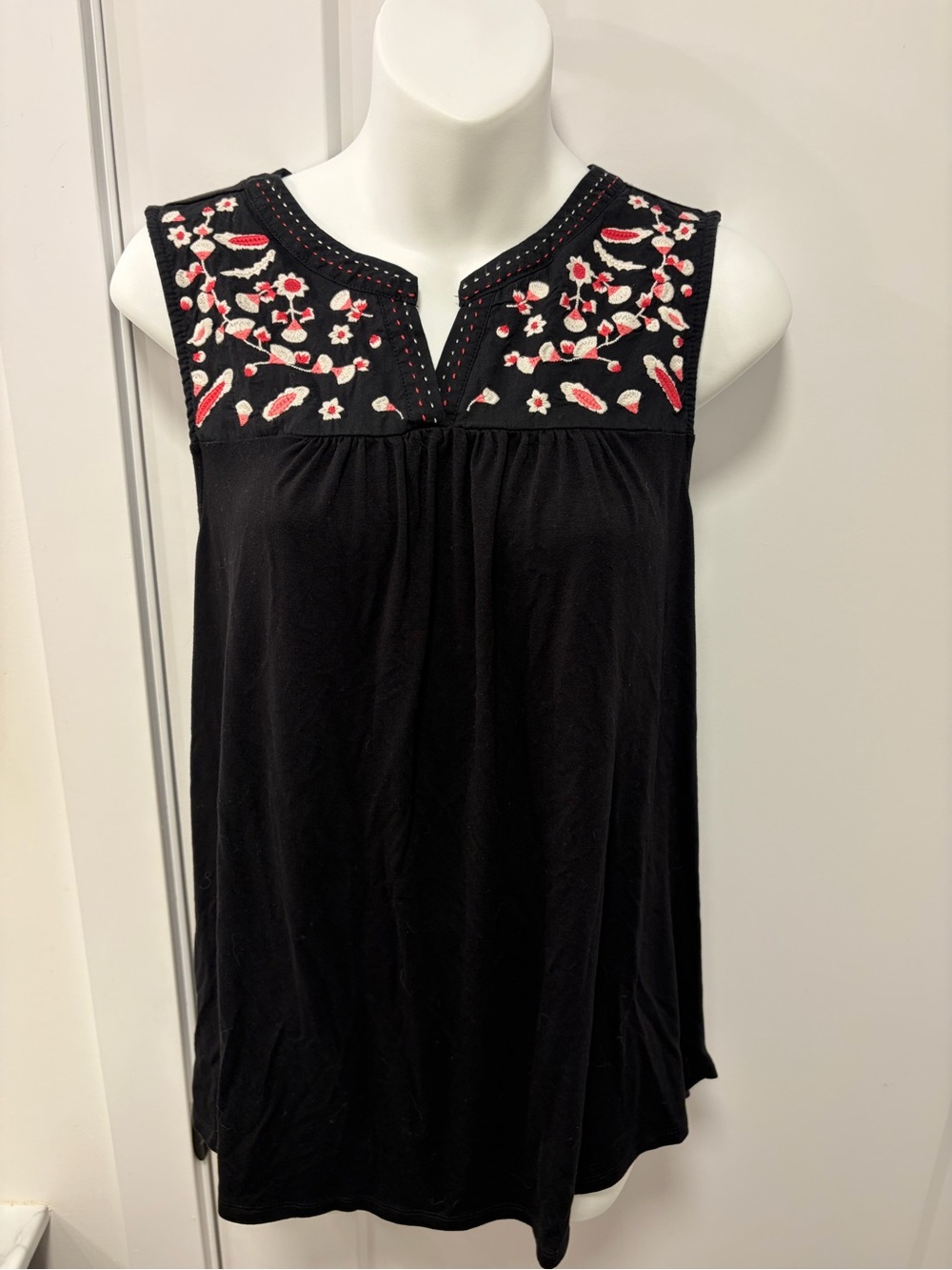Dalia Black Tank Top with Pink & Cream Floral Embroidery